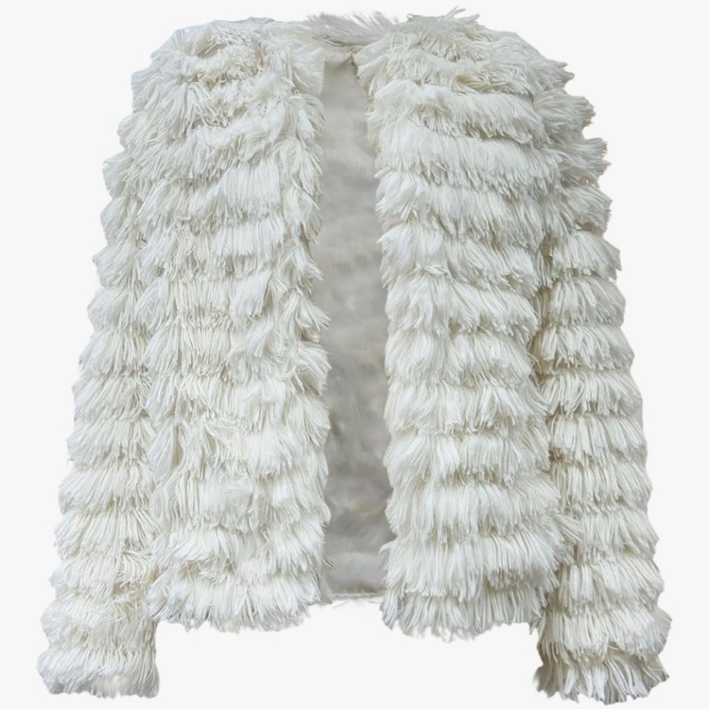 Faux Fur Open Front Teddy Jacket M White Spring Lightweight Textured